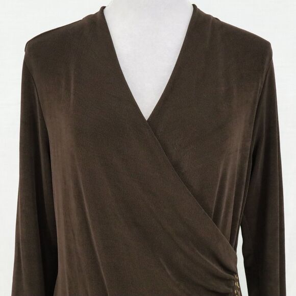 Chicos Travelers Top 1 Womens Medium 8 Brown Stretch Knit Blouse Faux Wrap Long - Picture 8 of 12